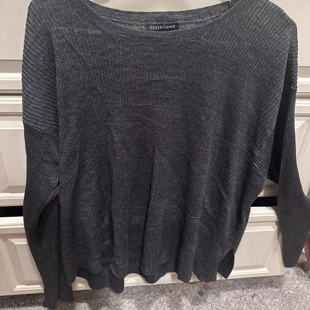 Eileen Fisher Dark Charcoal Ribbed Scoop Neck Sweater